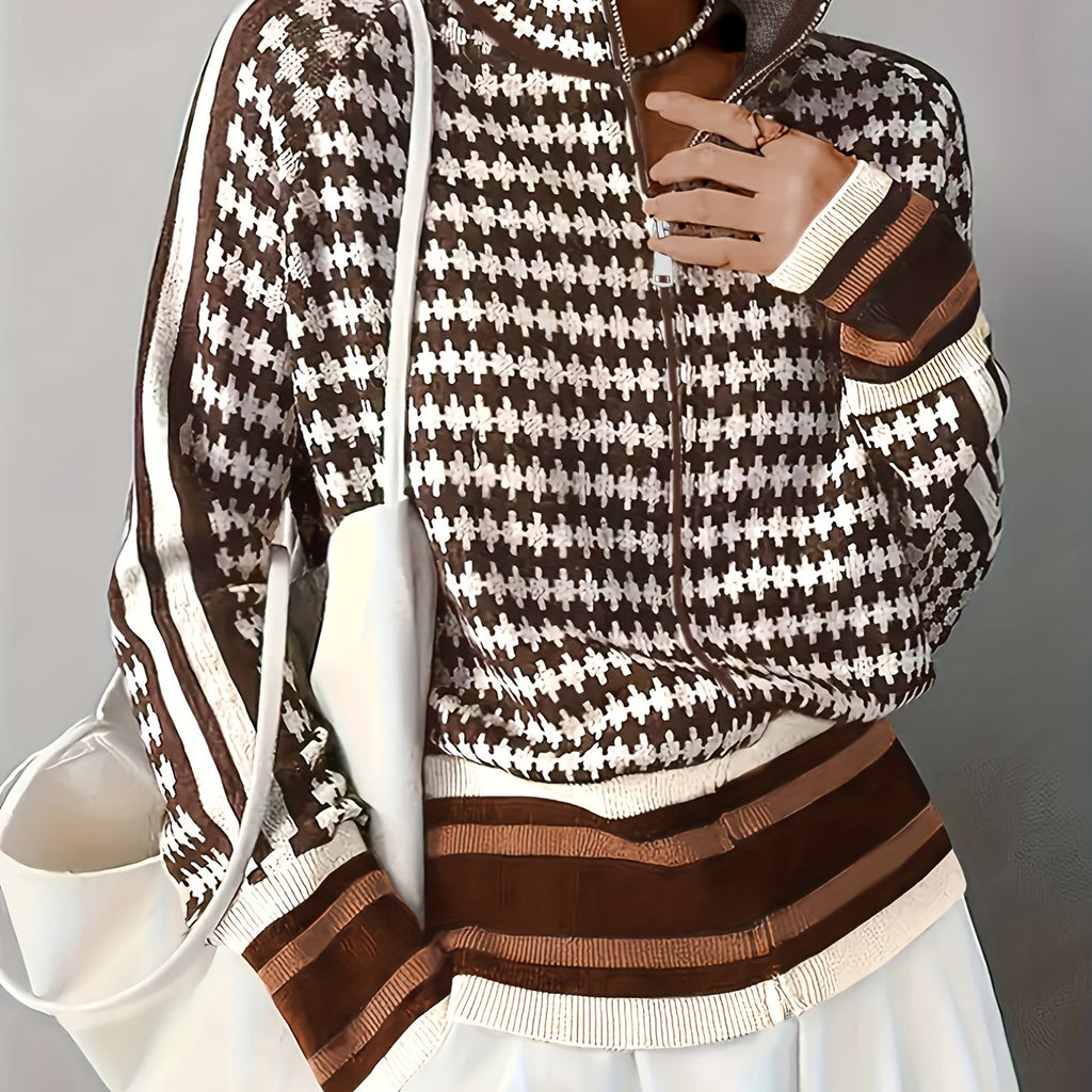Zip-Front Cardigan Knitted Houndstooth Brown Women's Long Sleeve – Casual, Office, Holiday, Gift