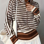 Zip-Front Cardigan Knitted Houndstooth Brown Women's Long Sleeve – Casual, Office, Holiday, Gift