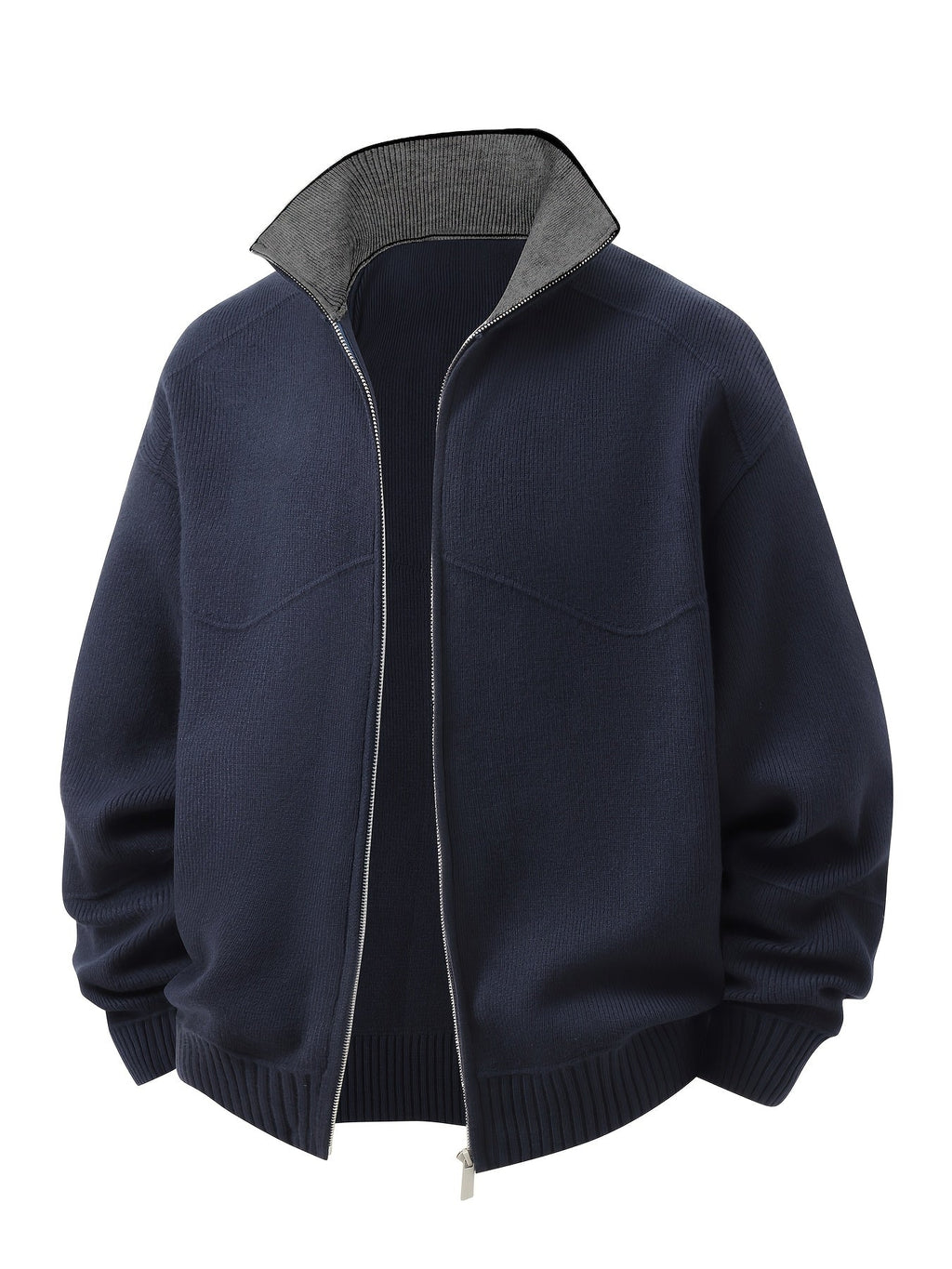 Zip-Front Knitted Cardigan Men's Navy High-Neck Sweater Jacket – Casual, Office · Werune