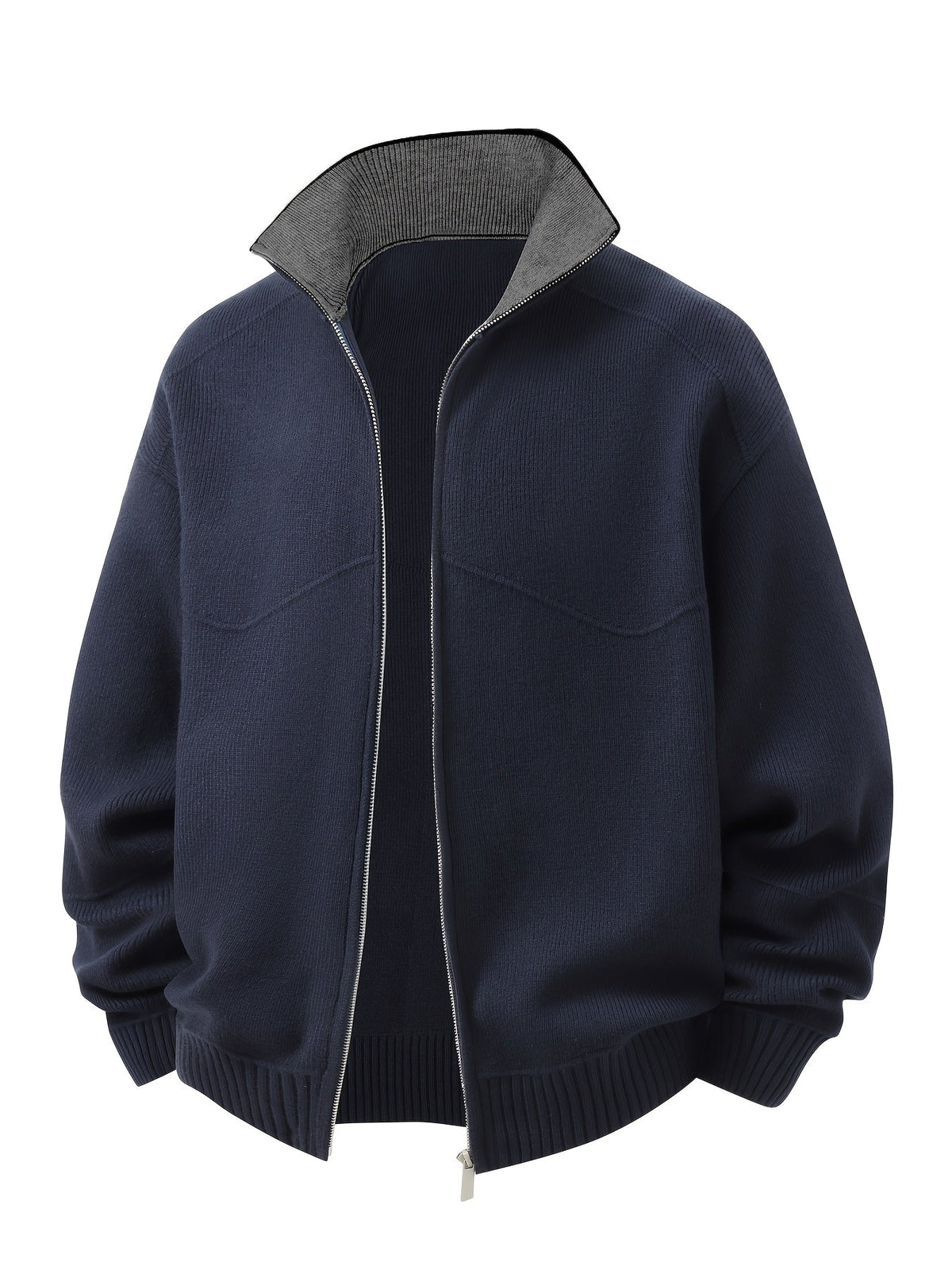 Zip-Front Knitted Cardigan Men's Navy High-Neck Sweater Jacket – Casual, Office · Werune