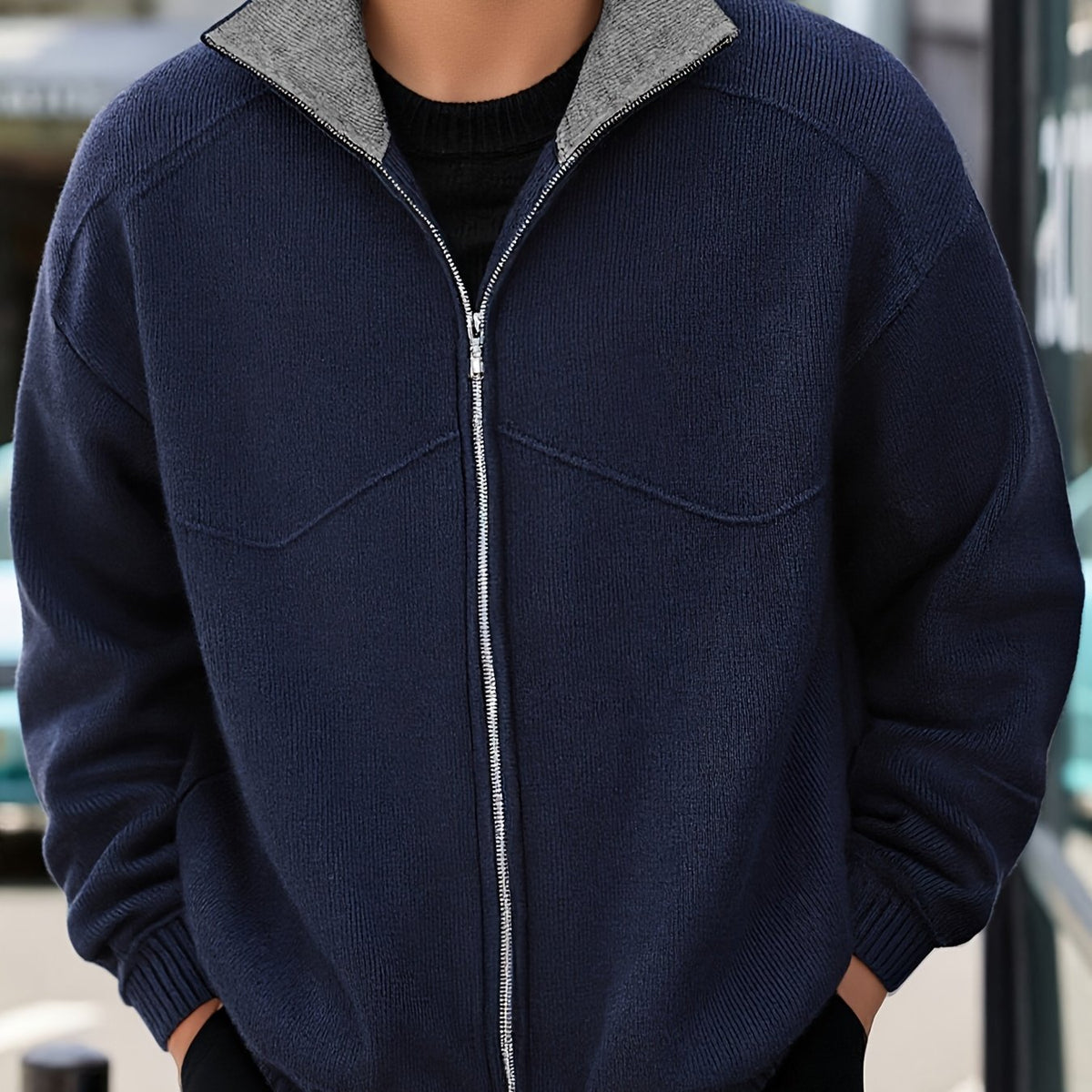 Zip-Front Knitted Cardigan Men's Navy High-Neck Sweater Jacket – Casual, Office · Werune