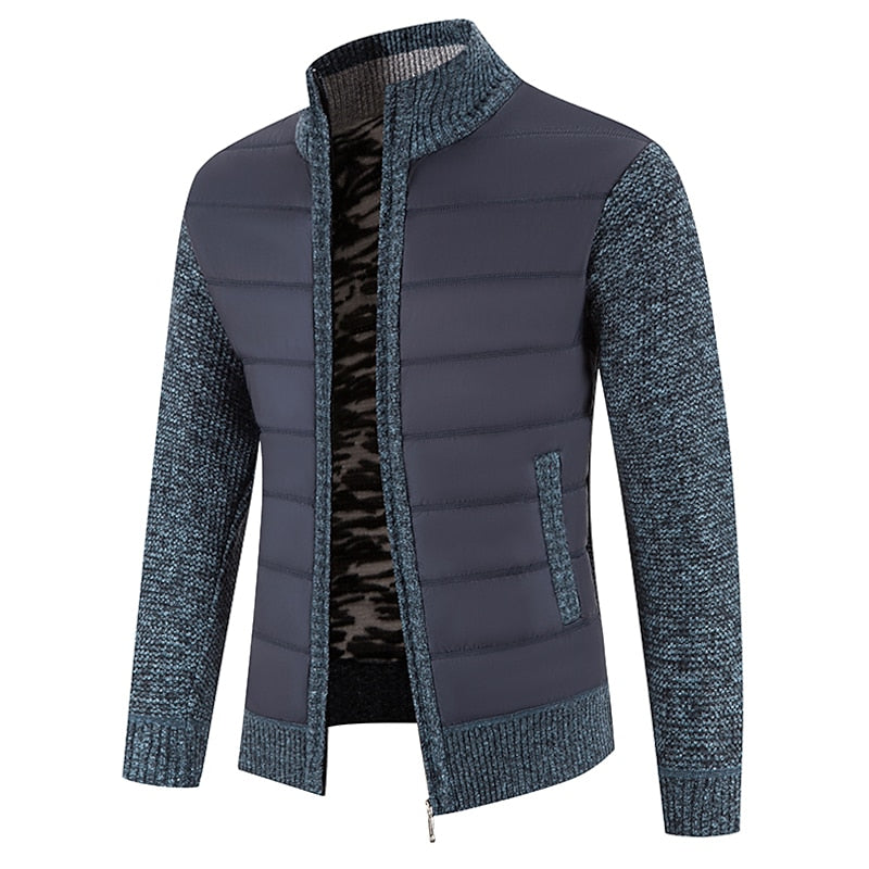 Zip-Up Cardigan Jacket Men's Fleece-Lined Knitted Sleeves Stand Collar – Casual, Winter Warmth
