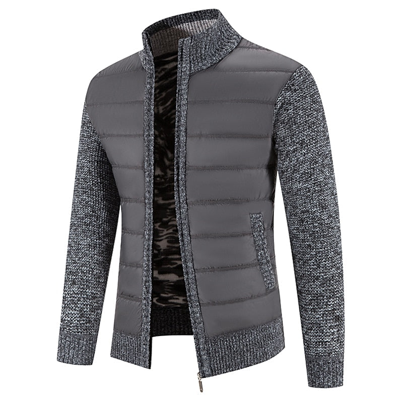 Zip-Up Cardigan Jacket Men's Fleece-Lined Knitted Sleeves Stand Collar – Casual, Winter Warmth