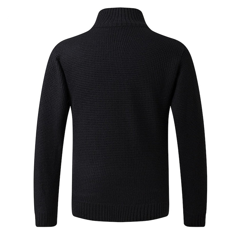 Zip-Up Cardigan Jacket Men's Fleece-Lined Knitted Sleeves Stand Collar – Casual, Winter Warmth