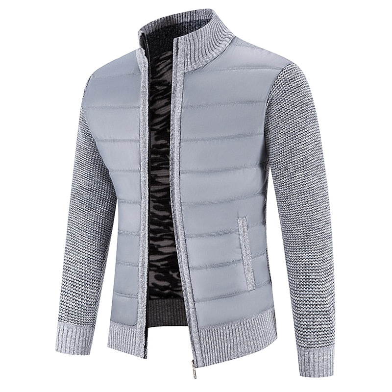 Zip-Up Cardigan Jacket Men's Fleece-Lined Knitted Sleeves Stand Collar – Casual, Winter Warmth