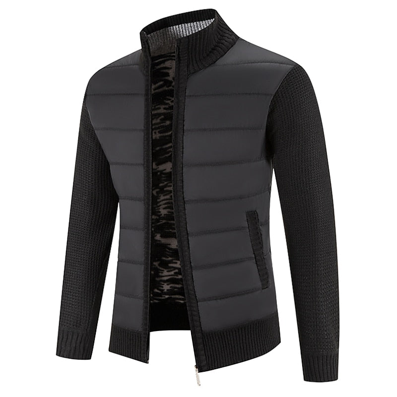 Zip-Up Cardigan Jacket Men's Fleece-Lined Knitted Sleeves Stand Collar – Casual, Winter Warmth