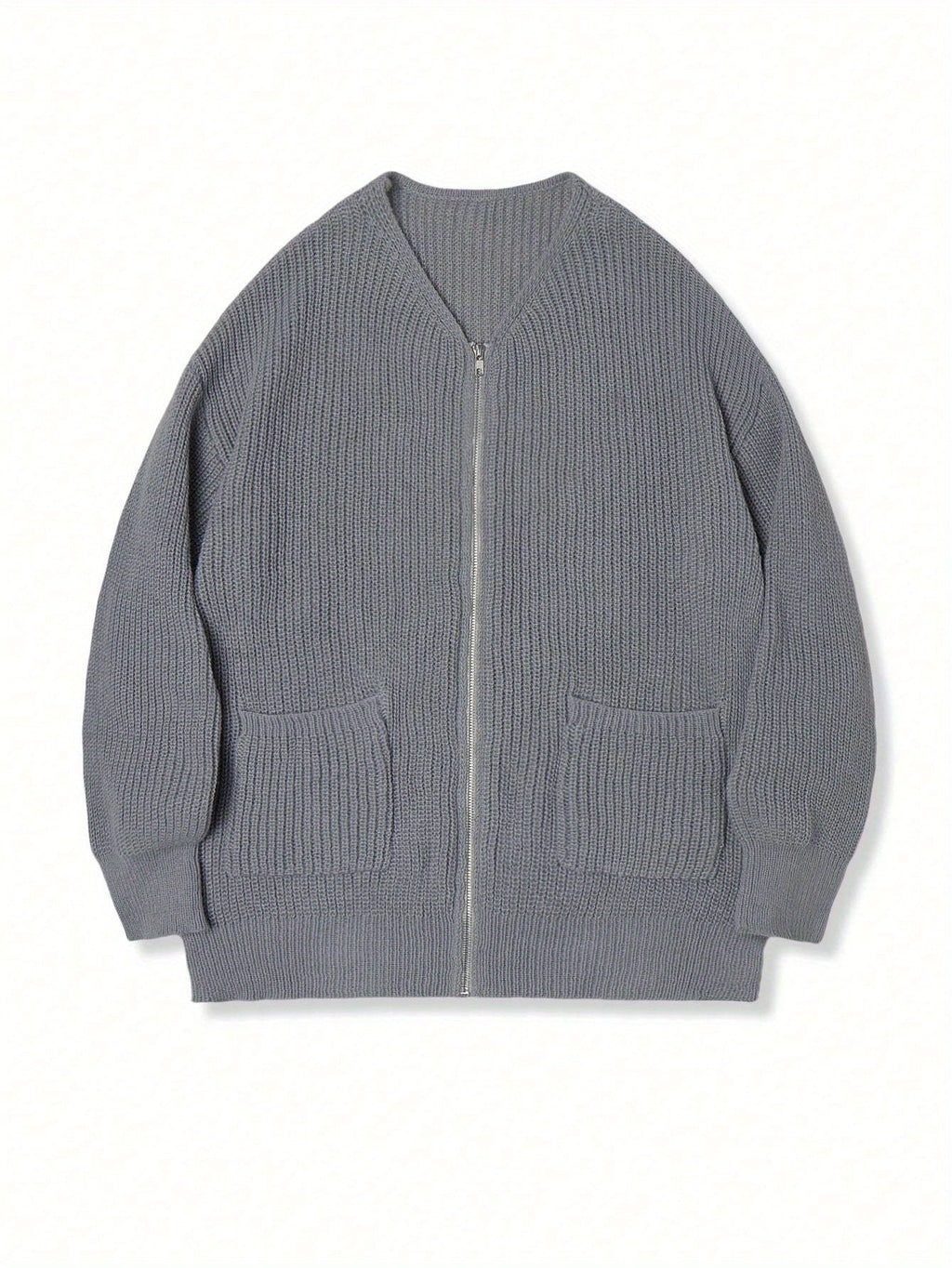 Zip-Up Cardigan Ribbed Knit Grey Men's Full-Zip Sweater with Pockets – Casual, Office, Everyday