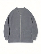 Zip-Up Cardigan Ribbed Knit Grey Men's Full-Zip Sweater with Pockets – Casual, Office, Everyday