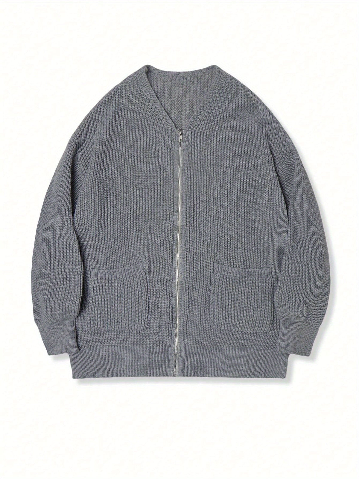 Zip-Up Cardigan Ribbed Knit Grey Men's Full-Zip Sweater with Pockets – Casual, Office, Everyday