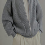 Zip-Up Cardigan Ribbed Knit Grey Men's Full-Zip Sweater with Pockets – Casual, Office, Everyday