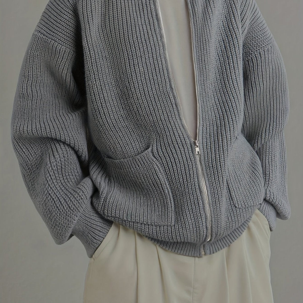 Zip-Up Cardigan Ribbed Knit Grey Men's Full-Zip Sweater with Pockets – Casual, Office, Everyday