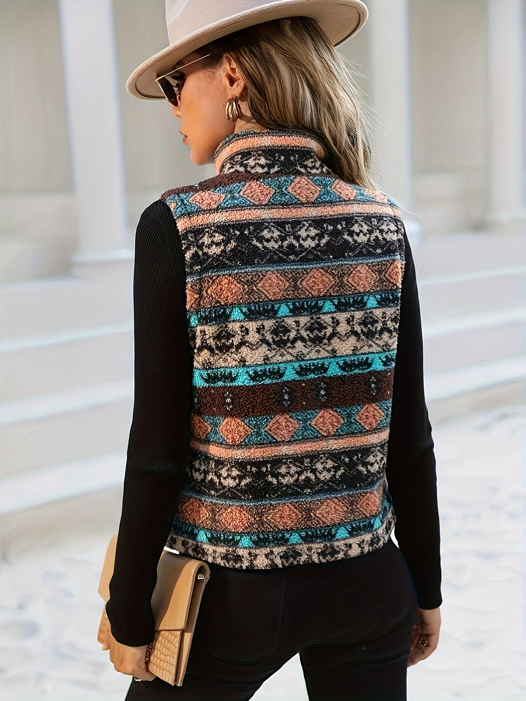 Zip-Up Fleece Vest Women's Aztec Print Stand Collar Sleeveless Gilet – Casual, Layering, Autumn Winter Outfit