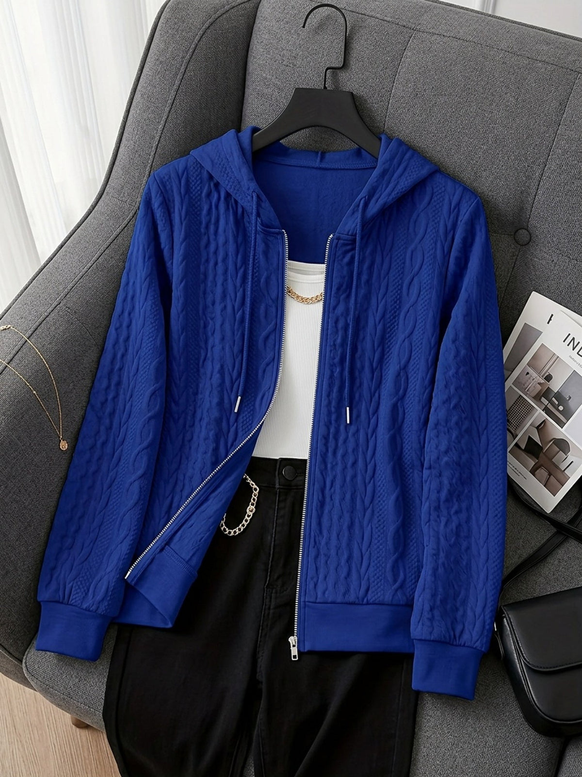 Zip-Up Hooded Jacket Textured Knit Blue Women's Drawstring Hoodie – Casual, Everyday