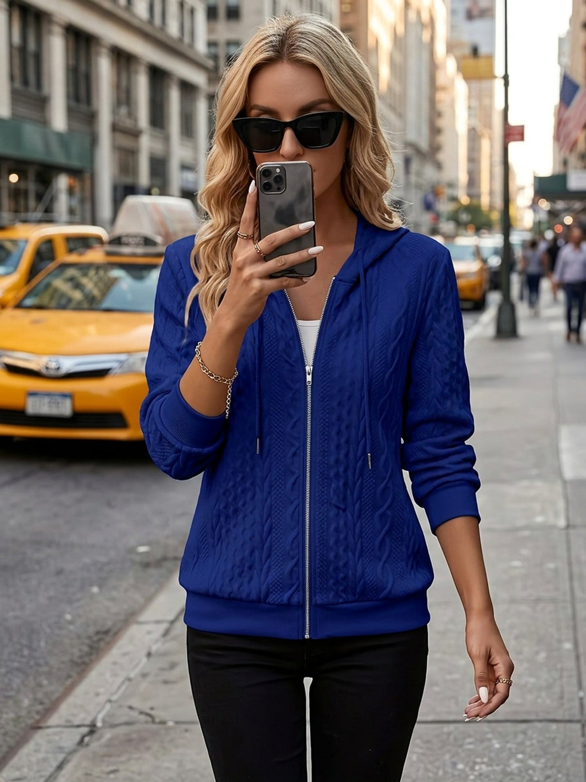 Zip-Up Hooded Jacket Textured Knit Blue Women's Drawstring Hoodie – Casual, Everyday