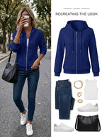 Zip-Up Hooded Jacket Textured Knit Blue Women's Drawstring Hoodie – Casual, Everyday