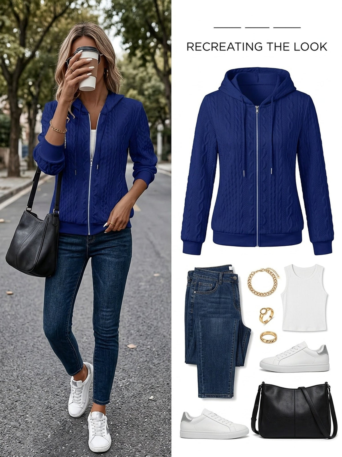 Zip-Up Hooded Jacket Textured Knit Blue Women's Drawstring Hoodie – Casual, Everyday