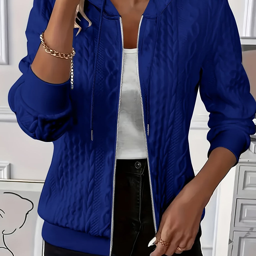 Zip-Up Hooded Jacket Textured Knit Blue Women's Drawstring Hoodie – Casual, Everyday