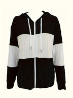 Zip-Up Hoodie Corduroy Colour-Block Women's Drawstring Jacket – Casual, Autumn Layering Everyday Wear