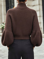 Zip-Up Knit Cardigan Burgundy Women's Ribbed Puff-Sleeve Jumper – Casual, Office, Holiday