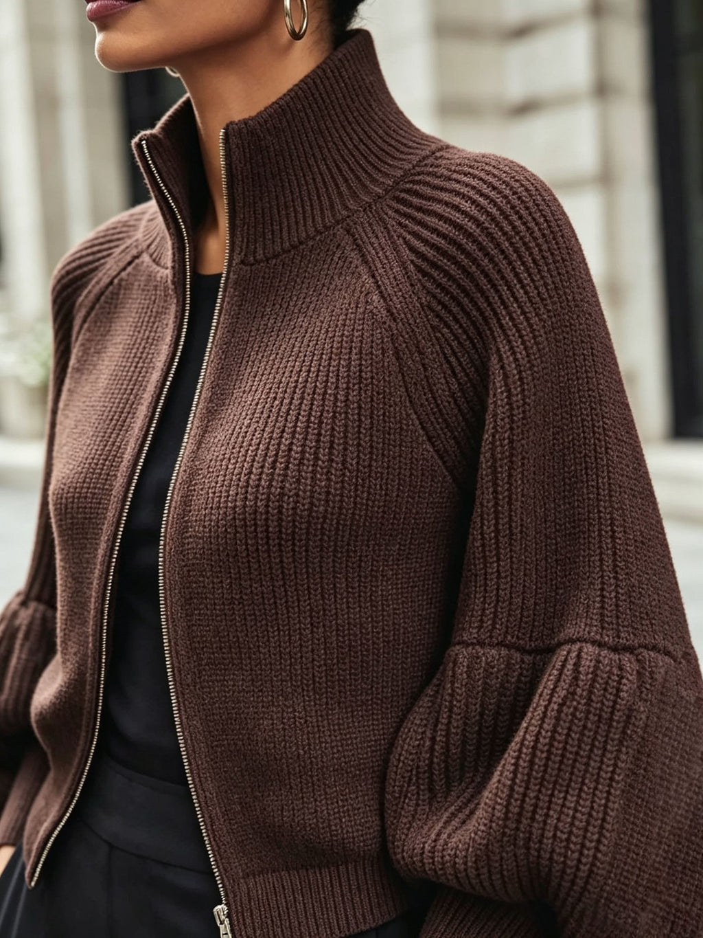 Zip-Up Knit Cardigan Burgundy Women's Ribbed Puff-Sleeve Jumper – Casual, Office, Holiday