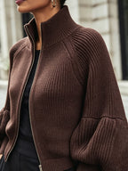 Zip-Up Knit Cardigan Burgundy Women's Ribbed Puff-Sleeve Jumper – Casual, Office, Holiday
