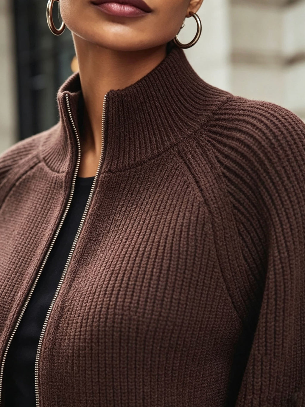 Zip-Up Knit Cardigan Burgundy Women's Ribbed Puff-Sleeve Jumper – Casual, Office, Holiday