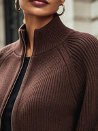 Zip-Up Knit Cardigan Burgundy Women's Ribbed Puff-Sleeve Jumper – Casual, Office, Holiday
