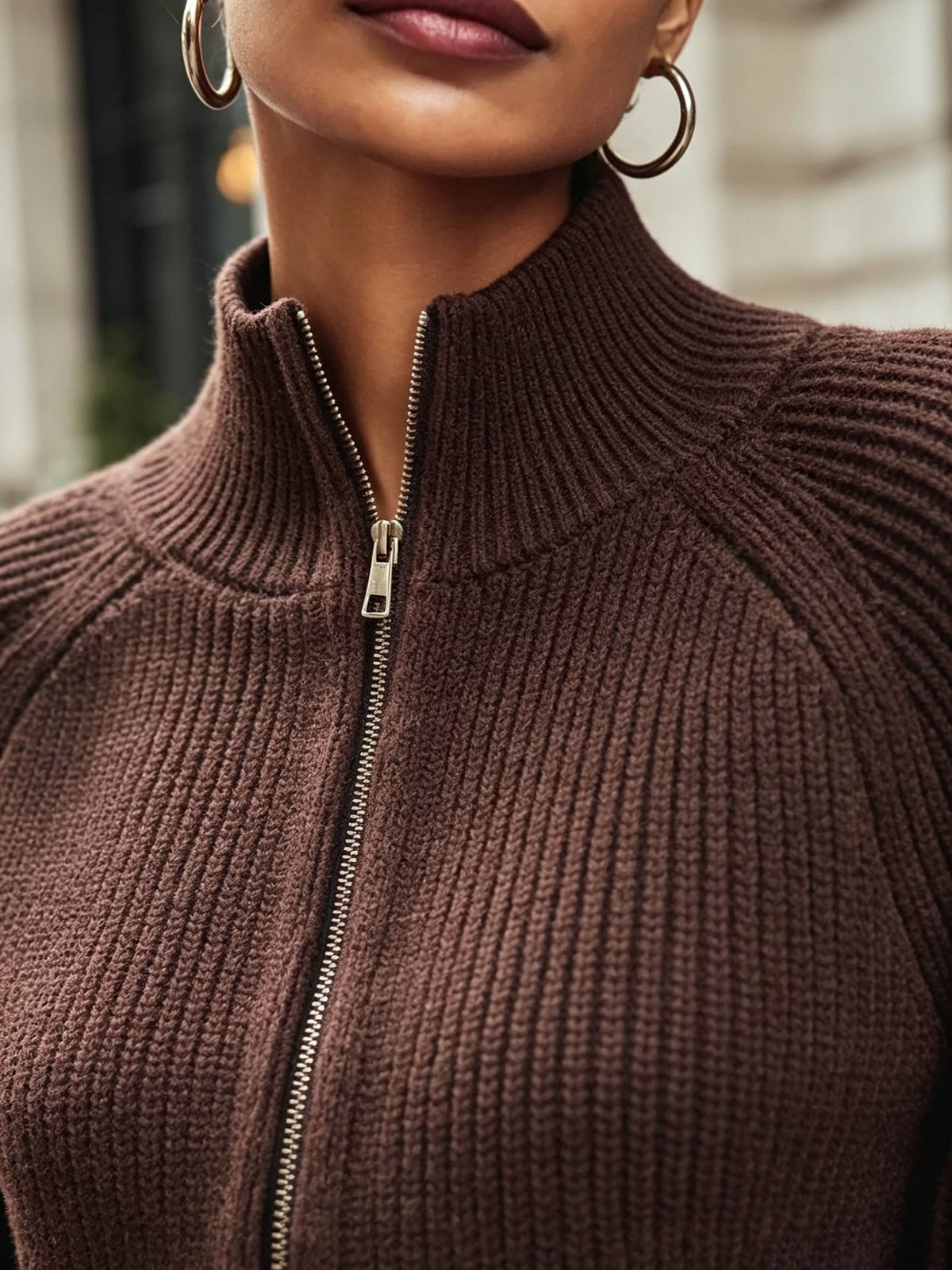 Zip-Up Knit Cardigan Burgundy Women's Ribbed Puff-Sleeve Jumper – Casual, Office, Holiday