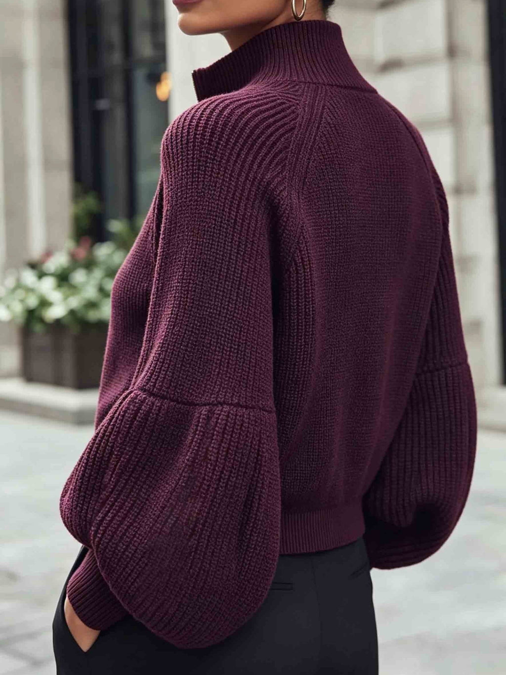 Zip-Up Knit Cardigan Burgundy Women's Ribbed Puff-Sleeve Jumper – Casual, Office, Holiday