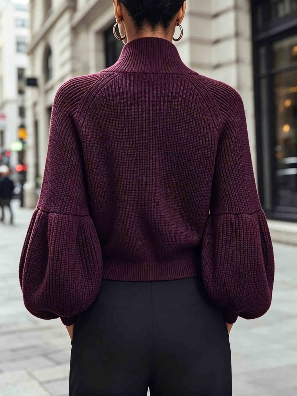 Zip-Up Knit Cardigan Burgundy Women's Ribbed Puff-Sleeve Jumper – Casual, Office, Holiday