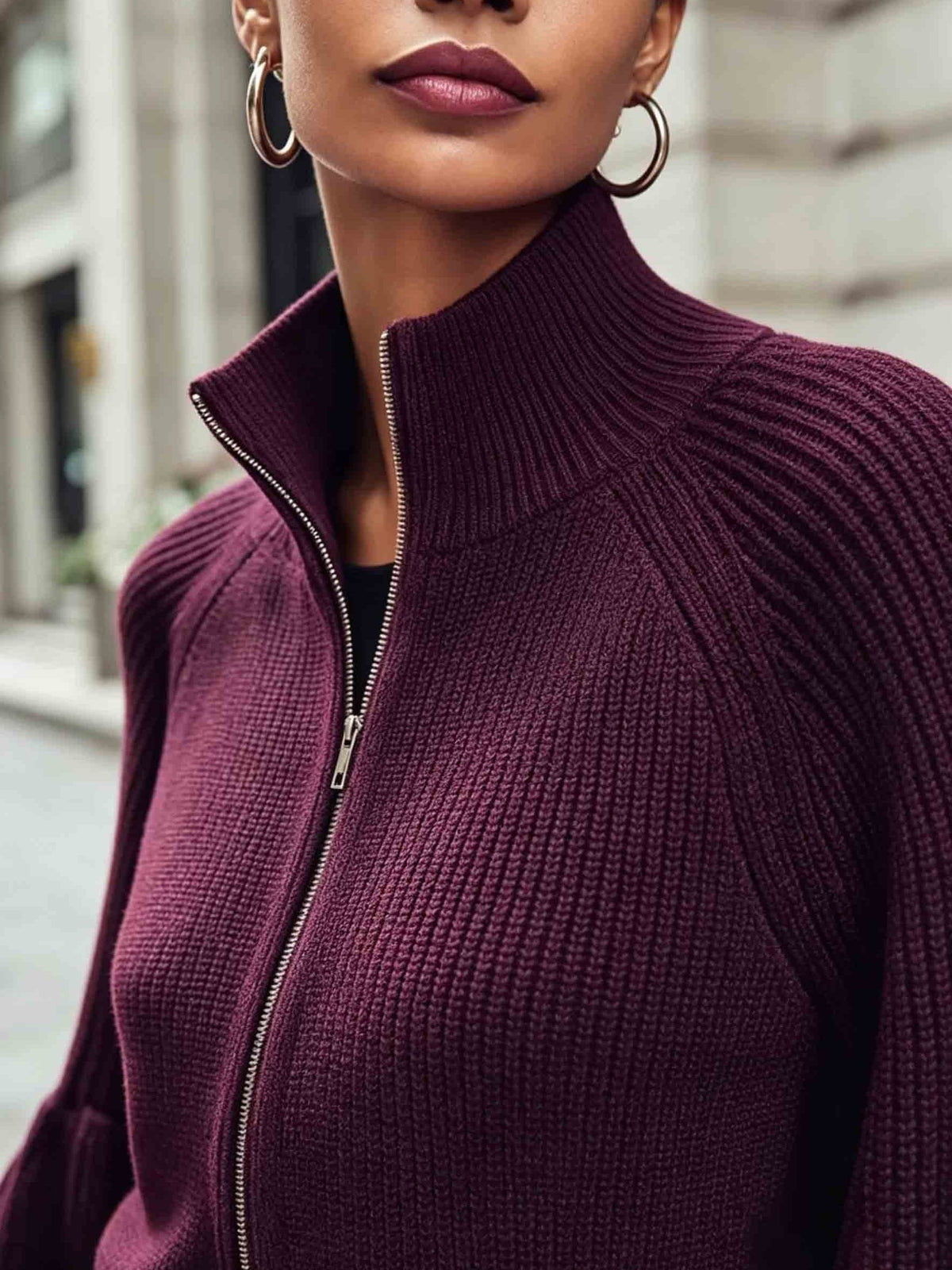 Zip-Up Knit Cardigan Burgundy Women's Ribbed Puff-Sleeve Jumper – Casual, Office, Holiday