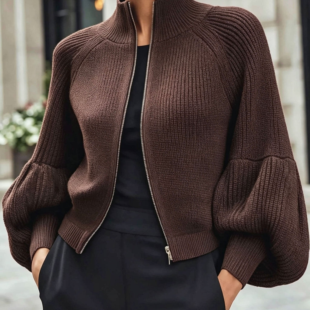 Zip-Up Knit Cardigan Burgundy Women's Ribbed Puff-Sleeve Jumper – Casual, Office, Holiday