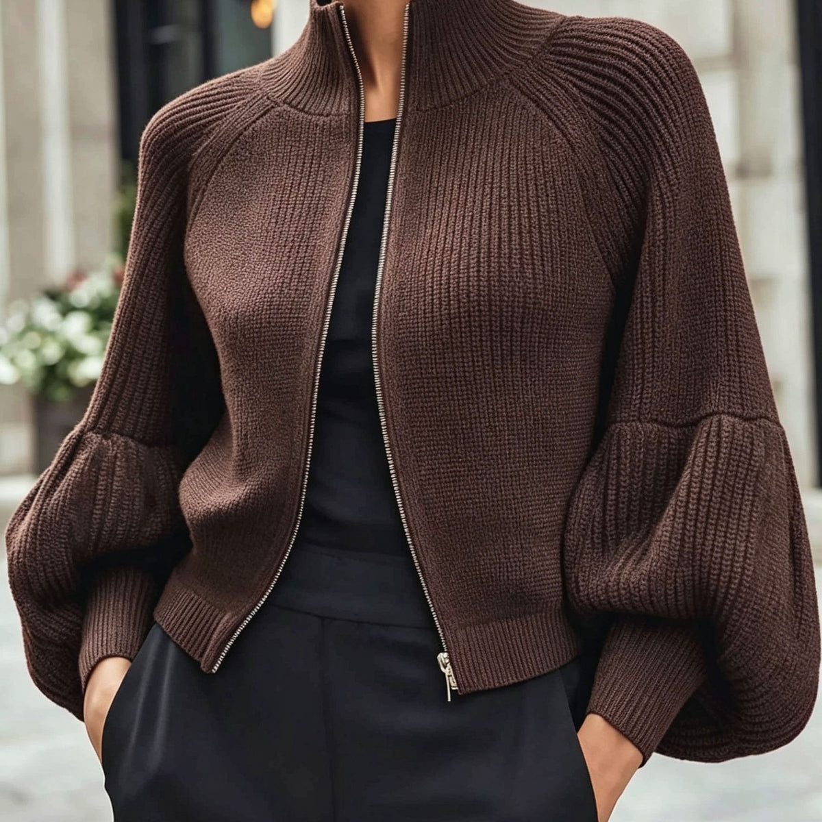Zip-Up Knit Cardigan Burgundy Women's Ribbed Puff-Sleeve Jumper – Casual, Office, Holiday