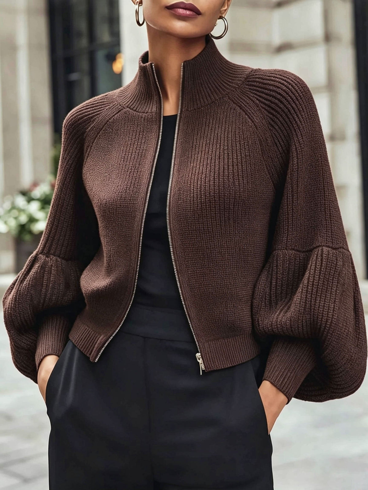 Zip-Up Knit Cardigan Burgundy Women's Ribbed Puff-Sleeve Jumper – Casual, Office, Holiday