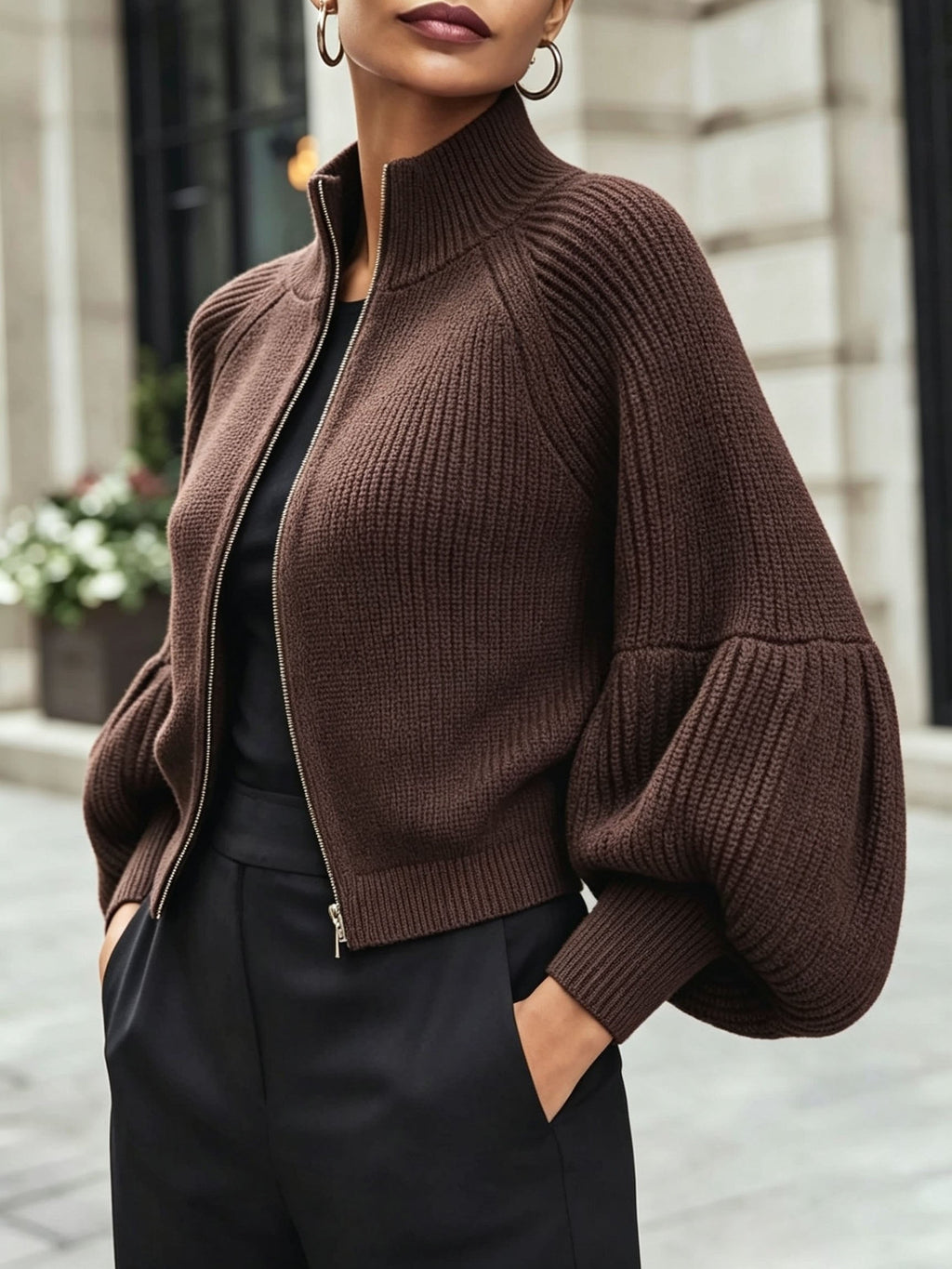 Zip-Up Knit Cardigan Burgundy Women's Ribbed Puff-Sleeve Jumper – Casual, Office, Holiday