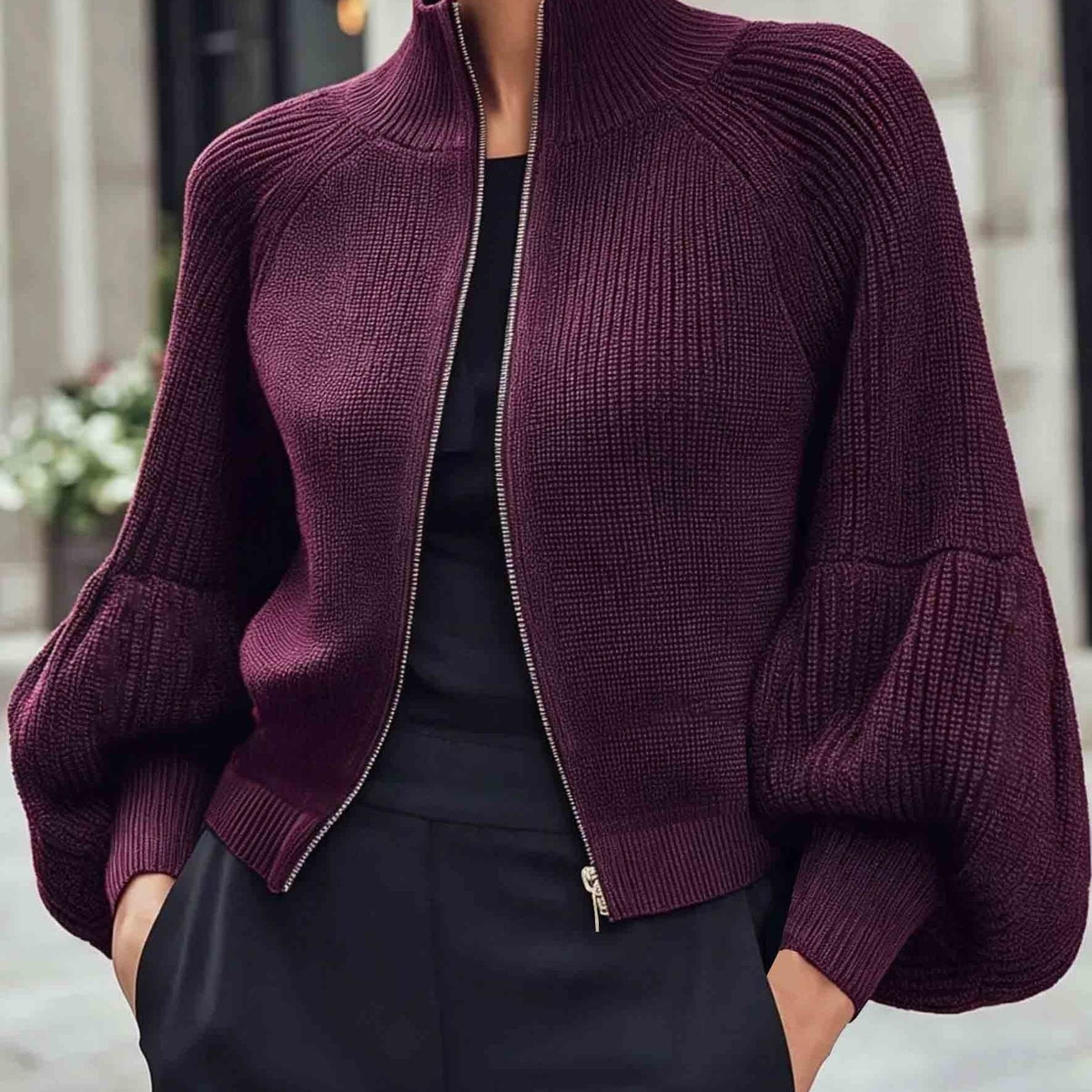 Zip-Up Knit Cardigan Burgundy Women's Ribbed Puff-Sleeve Jumper – Casual, Office, Holiday